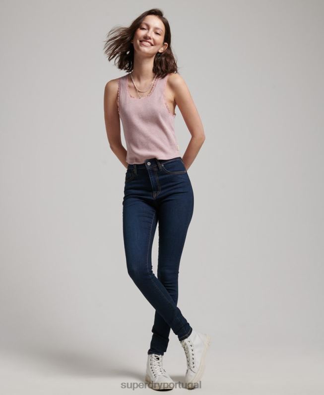 jeans skinny cintura alta de algodão orgânico mulheres azul escuro roupas Superdry 2208H3891