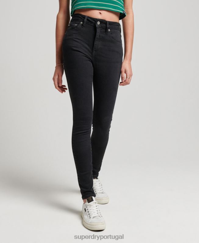 jeans skinny cintura alta de algodão orgânico mulheres preto roupas Superdry 2208H3870