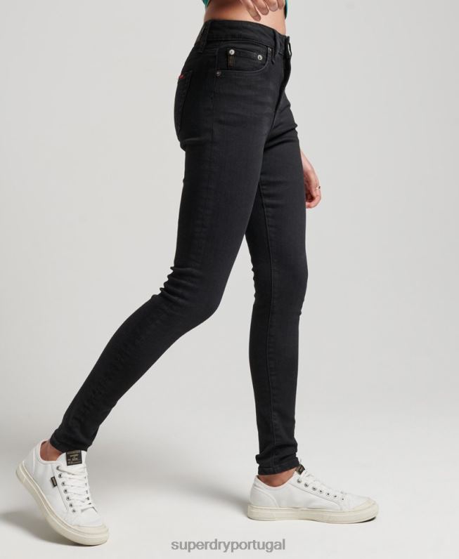 jeans skinny cintura alta de algodão orgânico mulheres preto roupas Superdry 2208H3870