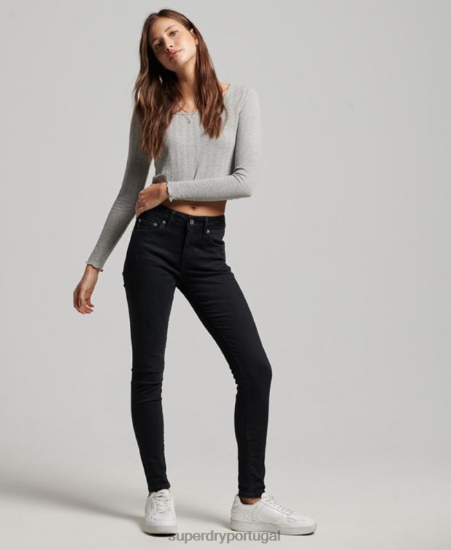 jeans skinny cintura média vintage de algodão orgânico mulheres preto roupas Superdry 2208H3882