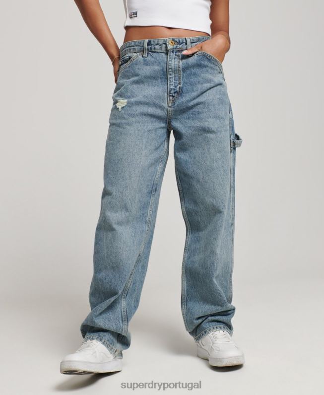 jeans vintage carpenter de algodão orgânico mulheres azul claro roupas Superdry 2208H3881