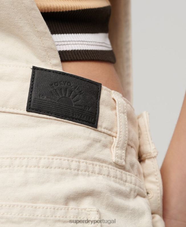 jardineiras curtas de lona vintage de algodão orgânico mulheres creme roupas Superdry 2208H2473