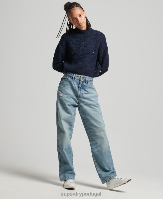 jumper de tricot pointelle mulheres marinha roupas Superdry 2208H3955