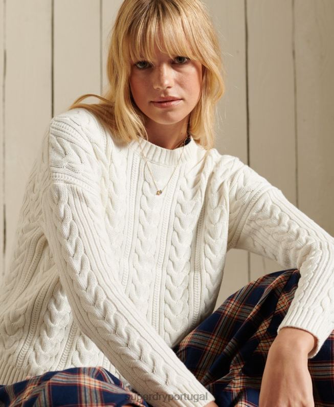 jumper de tripulação com cabo de ombro caído mulheres branco roupas Superdry 2208H4035