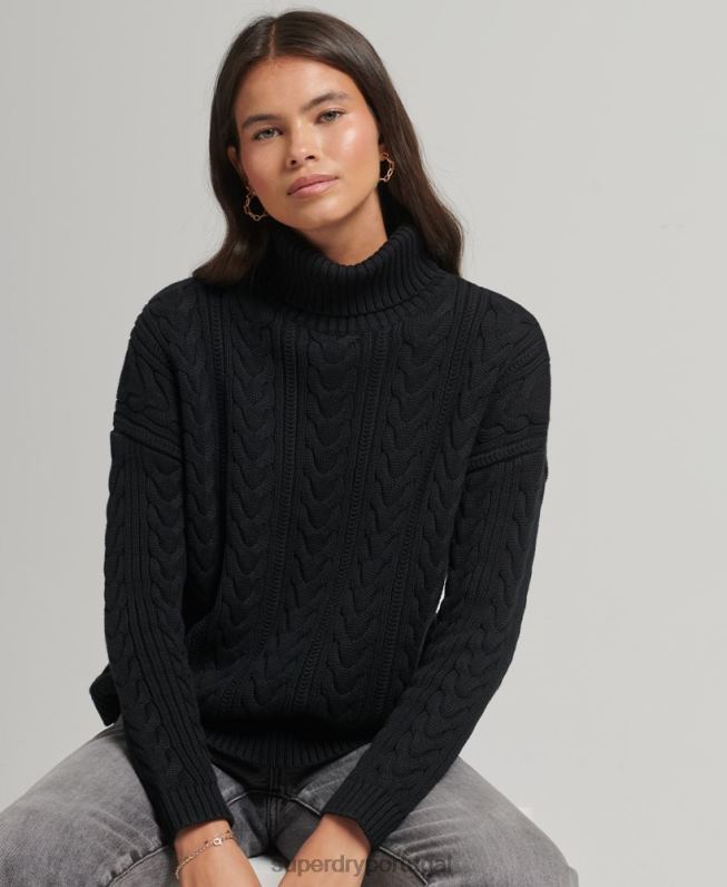 jumper gola rolê com cabo ombro caído mulheres preto roupas Superdry 2208H4001