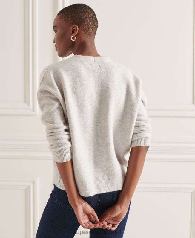 suéter de tricô com decote em v studios mulheres cinza claro roupas Superdry 2208H4033