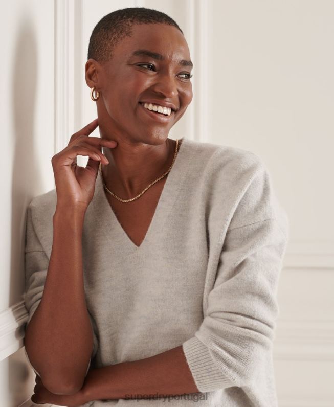 suéter de tricô com decote em v studios mulheres cinza claro roupas Superdry 2208H4033