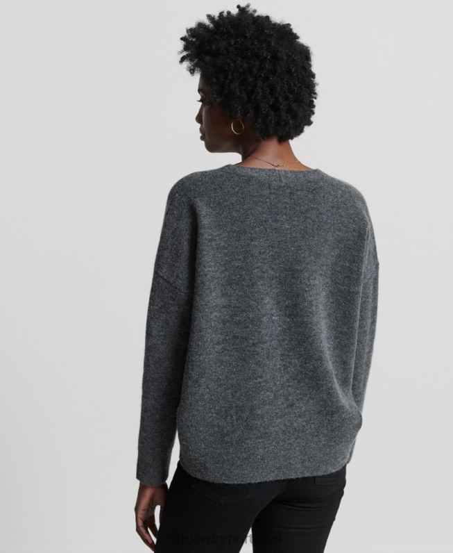 suéter de tricô com decote em v studios mulheres cinza escuro roupas Superdry 2208H3992