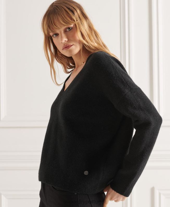 suéter de tricô com decote em v studios mulheres preto roupas Superdry 2208H4015