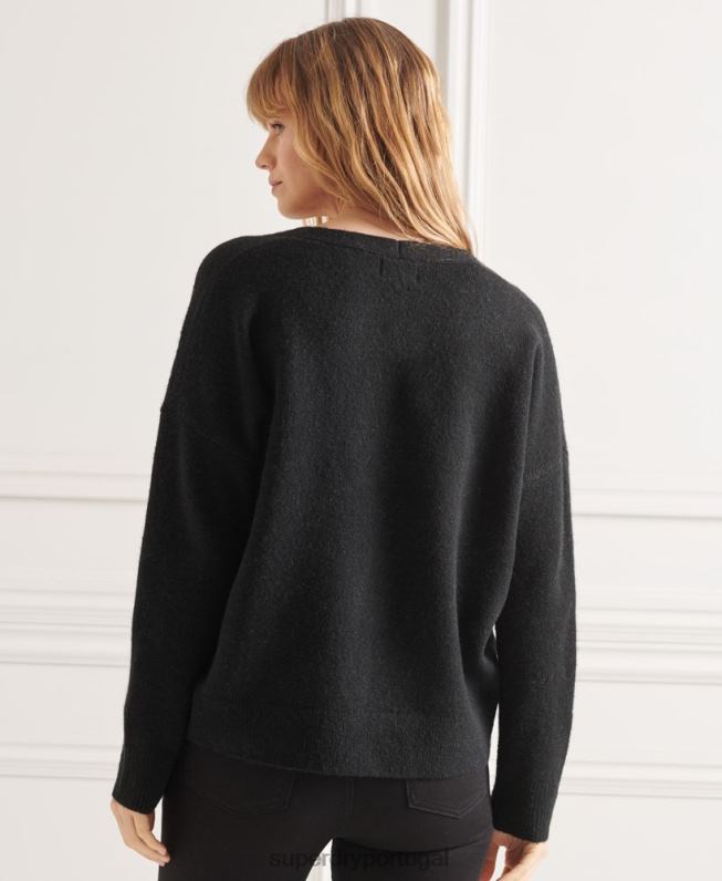 suéter de tricô com decote em v studios mulheres preto roupas Superdry 2208H4015