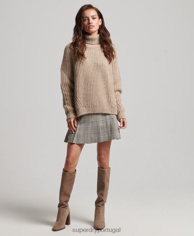 suéter de tricô gola rolê com ponto desleixado mulheres bege roupas Superdry 2208H3986