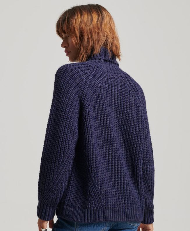 suéter de tricô gola rolê com ponto desleixado mulheres marinha roupas Superdry 2208H3980