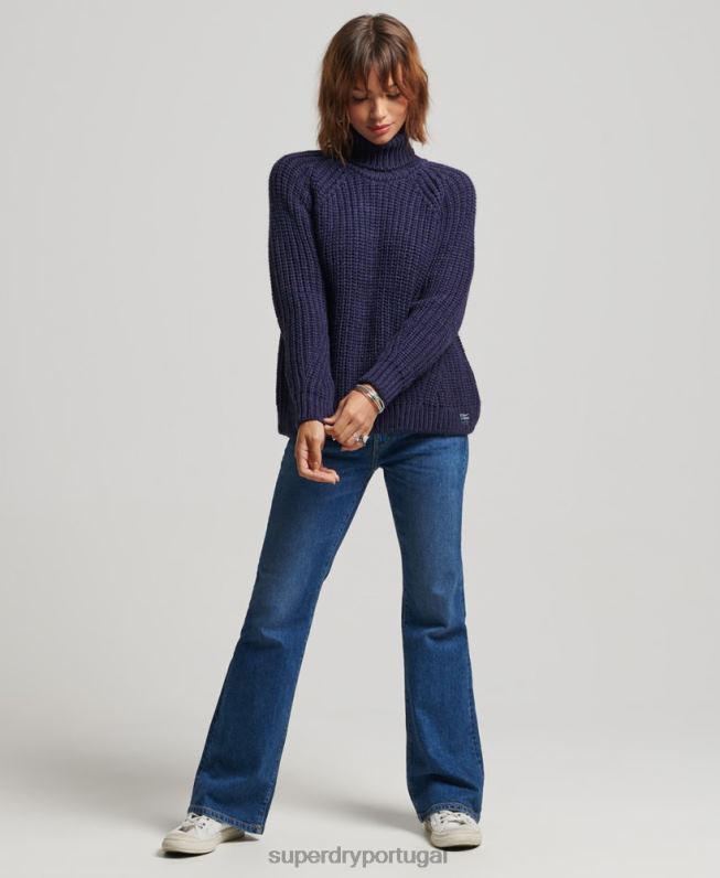 suéter de tricô gola rolê com ponto desleixado mulheres marinha roupas Superdry 2208H3980