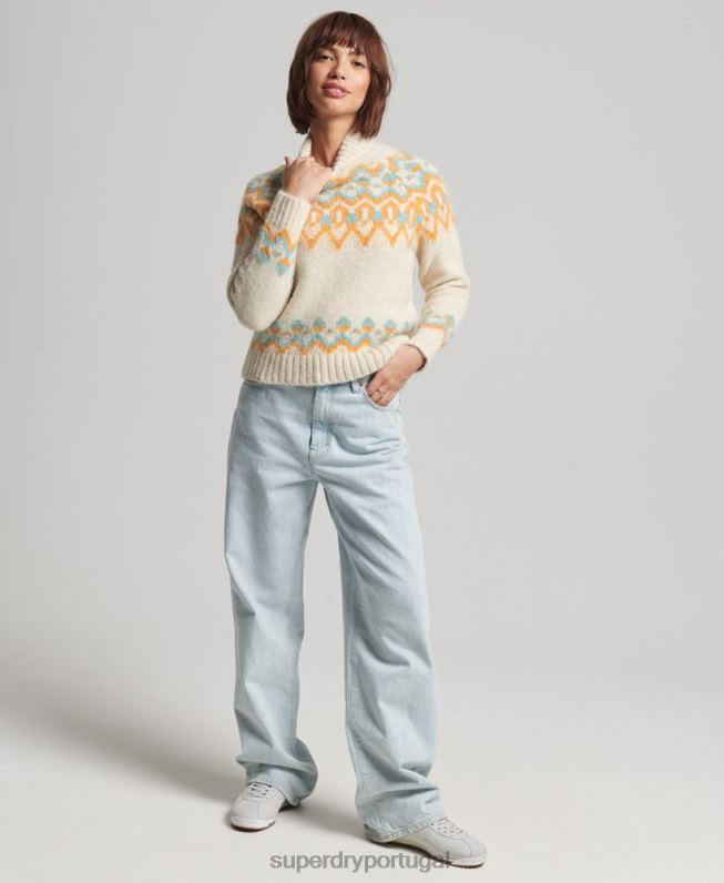 suéter de tricô vintage slouchy fairisle mulheres creme roupas Superdry 2208H3989