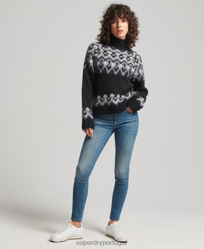 suéter de tricô vintage slouchy fairisle mulheres preto roupas Superdry 2208H3978