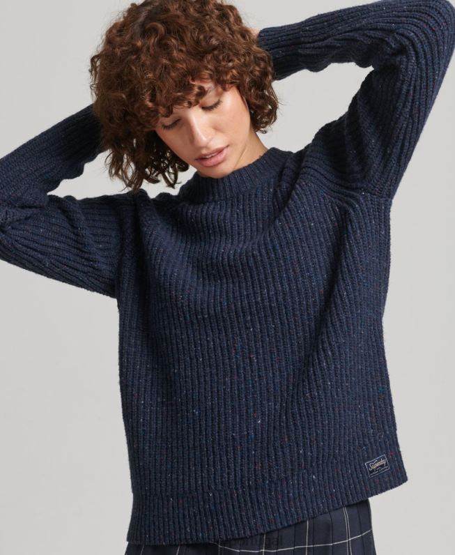 suéter decote careca canelado em tweed mulheres marinha roupas Superdry 2208H3988