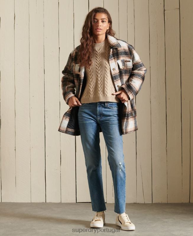 suéter decote careca de tricô ombro caído mulheres bege roupas Superdry 2208H4026