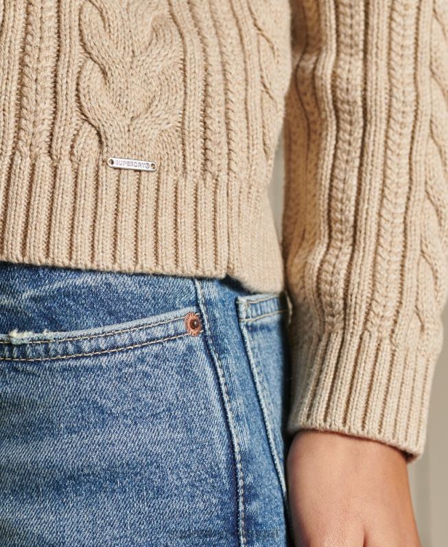 suéter decote careca de tricô ombro caído mulheres bege roupas Superdry 2208H4026