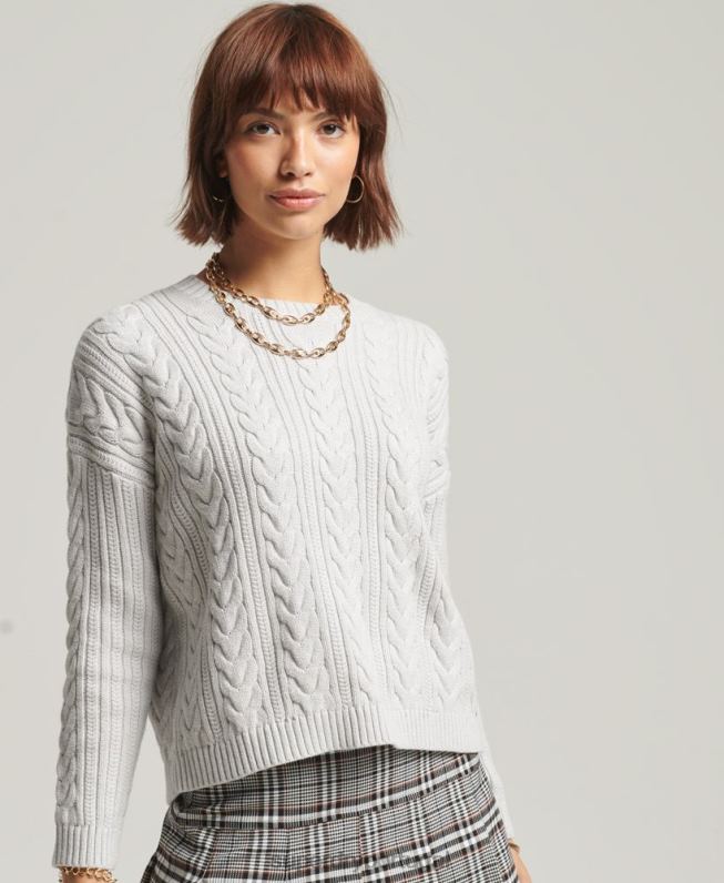 suéter decote careca de tricô ombro caído mulheres cinza claro roupas Superdry 2208H4024