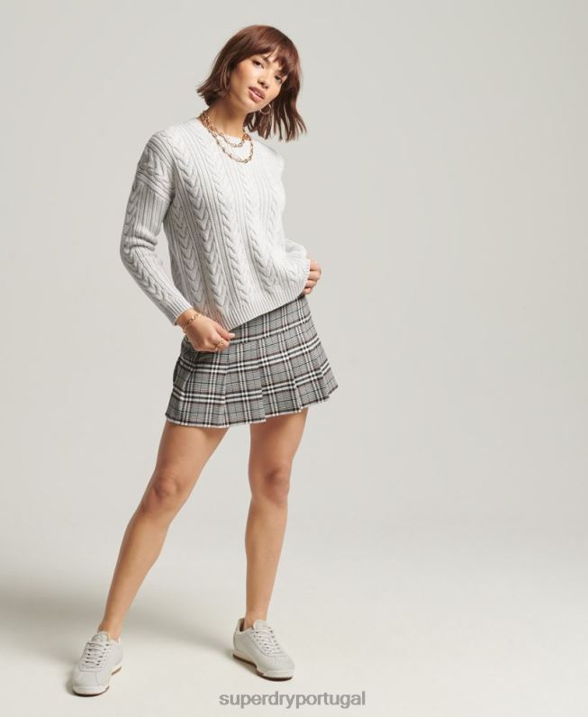 suéter decote careca de tricô ombro caído mulheres cinza claro roupas Superdry 2208H4024