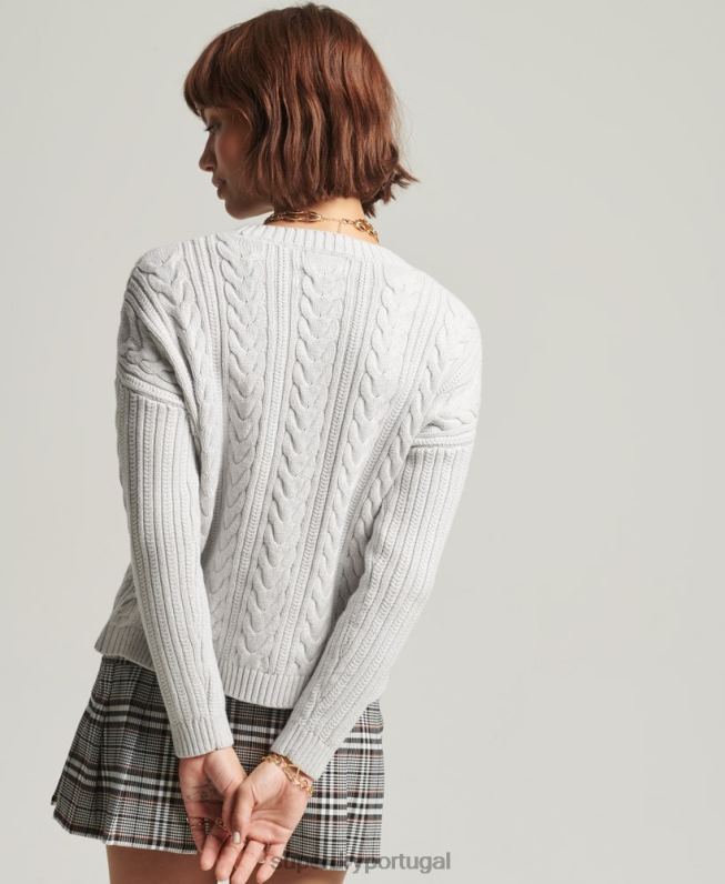 suéter decote careca de tricô ombro caído mulheres cinza claro roupas Superdry 2208H4024