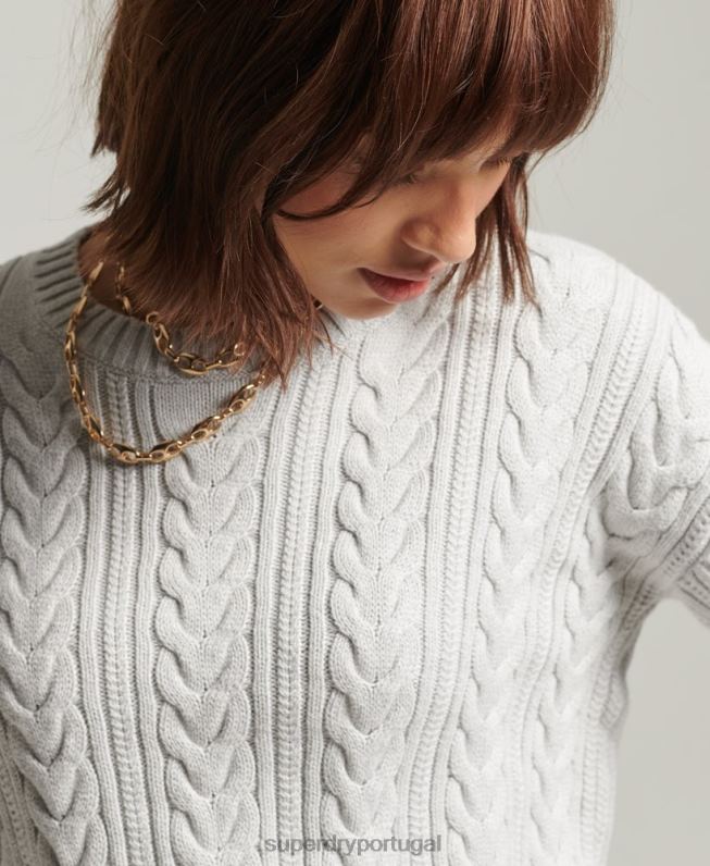 suéter decote careca de tricô ombro caído mulheres cinza claro roupas Superdry 2208H4024