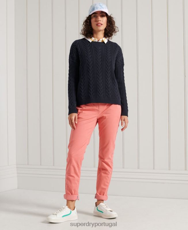 suéter decote careca de tricô ombro caído mulheres marinha roupas Superdry 2208H4028