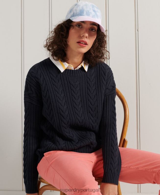 suéter decote careca de tricô ombro caído mulheres marinha roupas Superdry 2208H4028