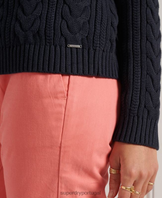 suéter decote careca de tricô ombro caído mulheres marinha roupas Superdry 2208H4028