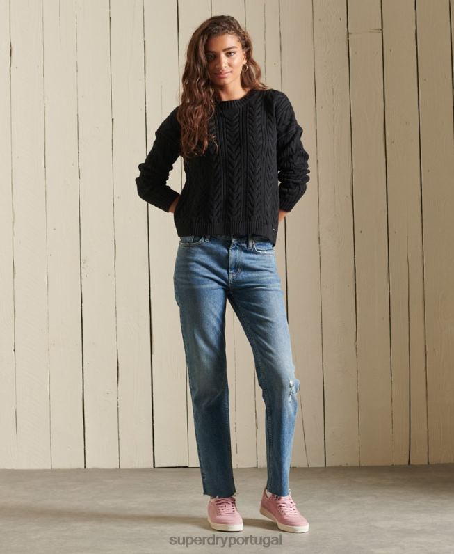 suéter decote careca de tricô ombro caído mulheres preto roupas Superdry 2208H3995