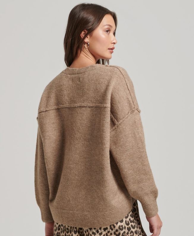 suéter gola v oversized mulheres bege roupas Superdry 2208H3958