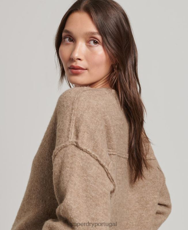 suéter gola v oversized mulheres bege roupas Superdry 2208H3958