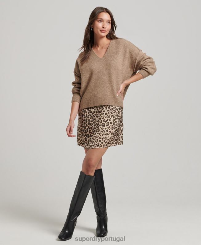 suéter gola v oversized mulheres bege roupas Superdry 2208H3958