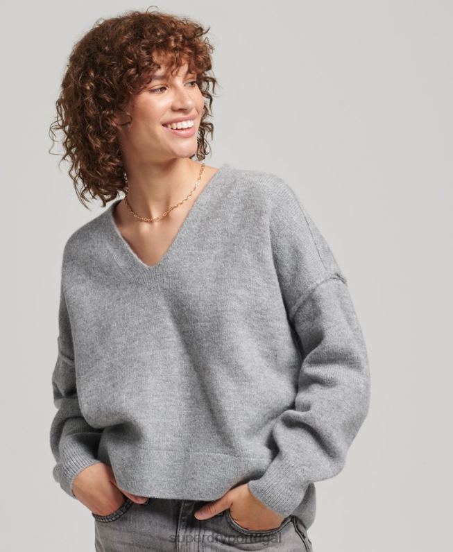 suéter gola v oversized mulheres cinza claro roupas Superdry 2208H3990