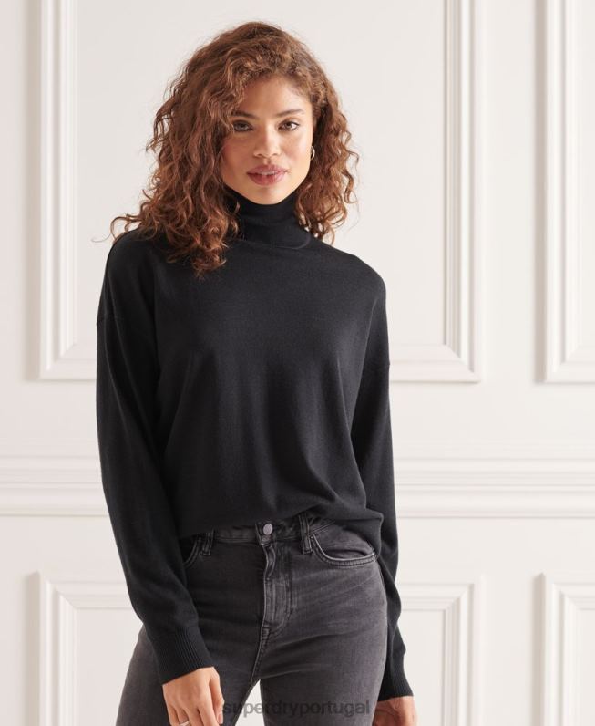 suéter merino ombro caído gola alta mulheres preto roupas Superdry 2208H4021