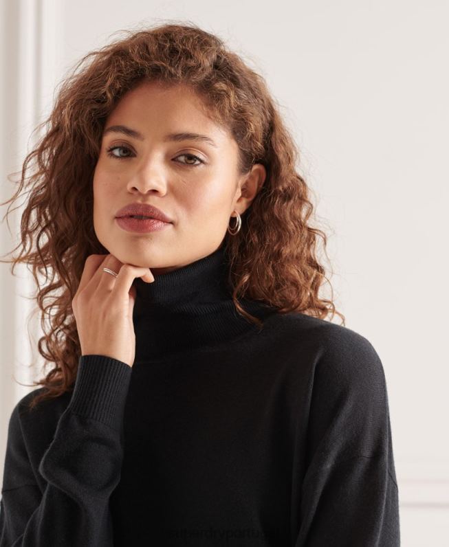 suéter merino ombro caído gola alta mulheres preto roupas Superdry 2208H4021