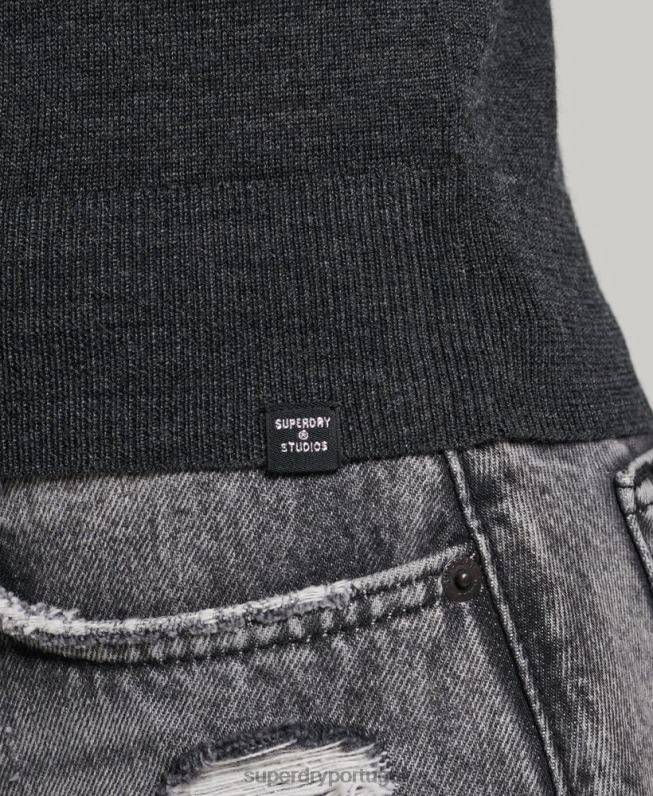 top de malha gola redonda merino mulheres cinza escuro roupas Superdry 2208H2976