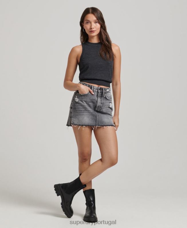 top de malha gola redonda merino mulheres cinza escuro roupas Superdry 2208H2976