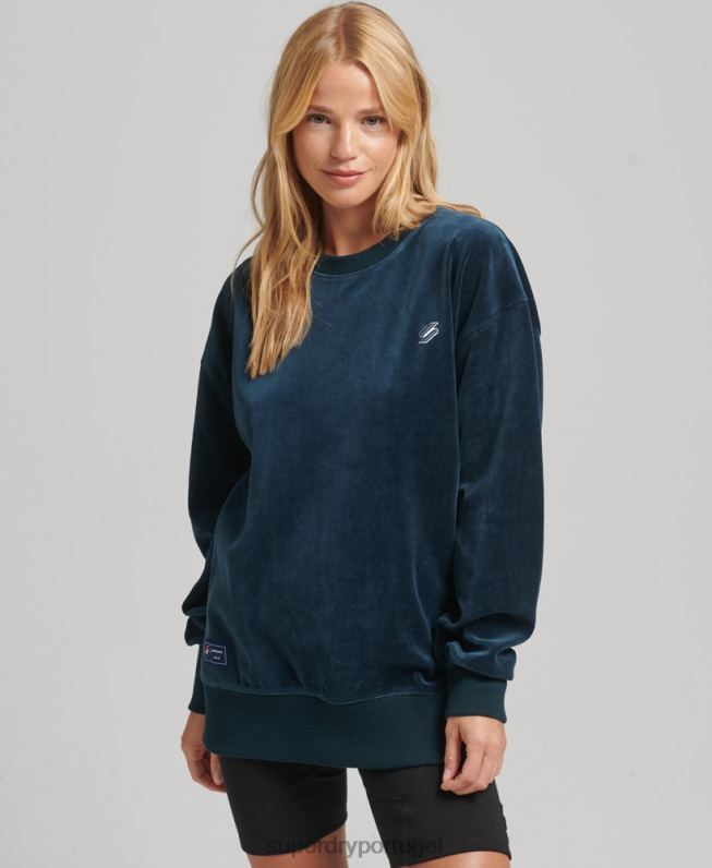 code s logo veludo oversized crew mulheres azul escuro roupas Superdry 2208H5925