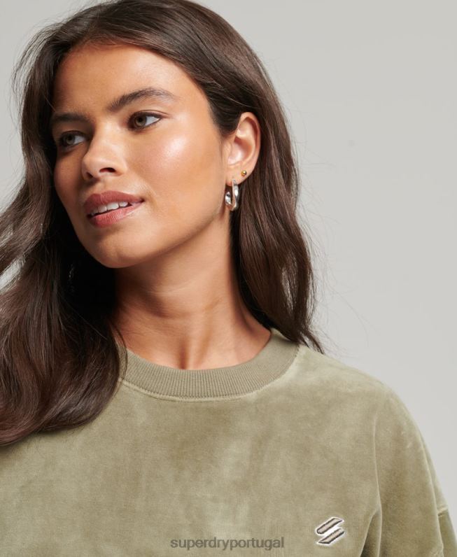 code s logo veludo oversized crew mulheres caqui roupas Superdry 2208H6013