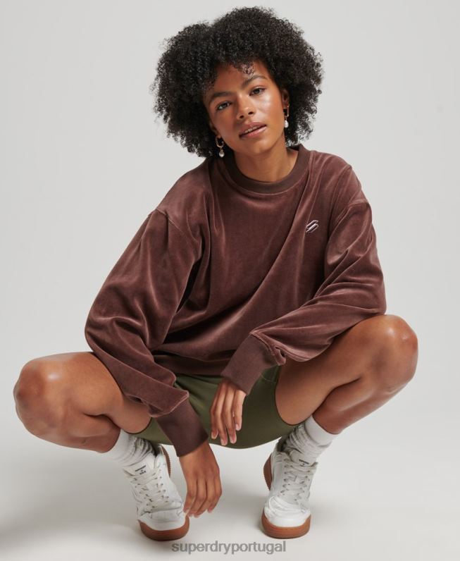 code s logo veludo oversized crew mulheres marrom roupas Superdry 2208H5856
