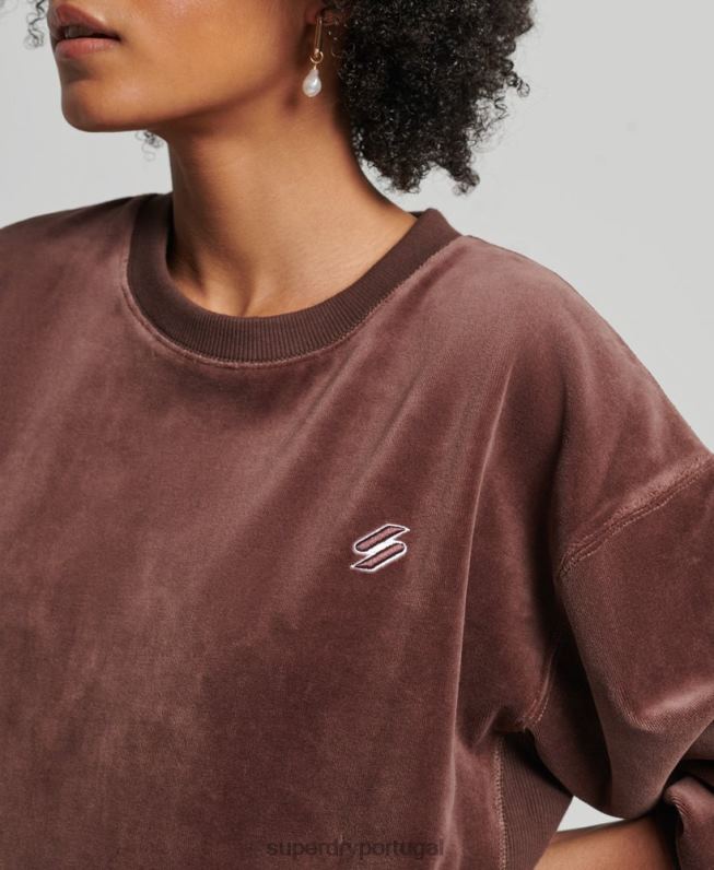 code s logo veludo oversized crew mulheres marrom roupas Superdry 2208H5856