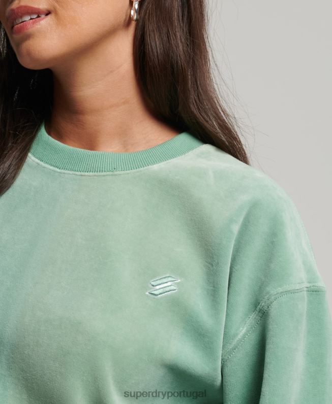 code s logo veludo oversized crew mulheres verde roupas Superdry 2208H5776