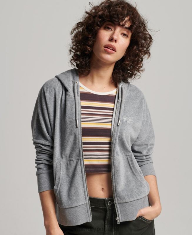 moletom com capuz de veludo com logo vintage de algodão orgânico mulheres cinza roupas Superdry 2208H2197