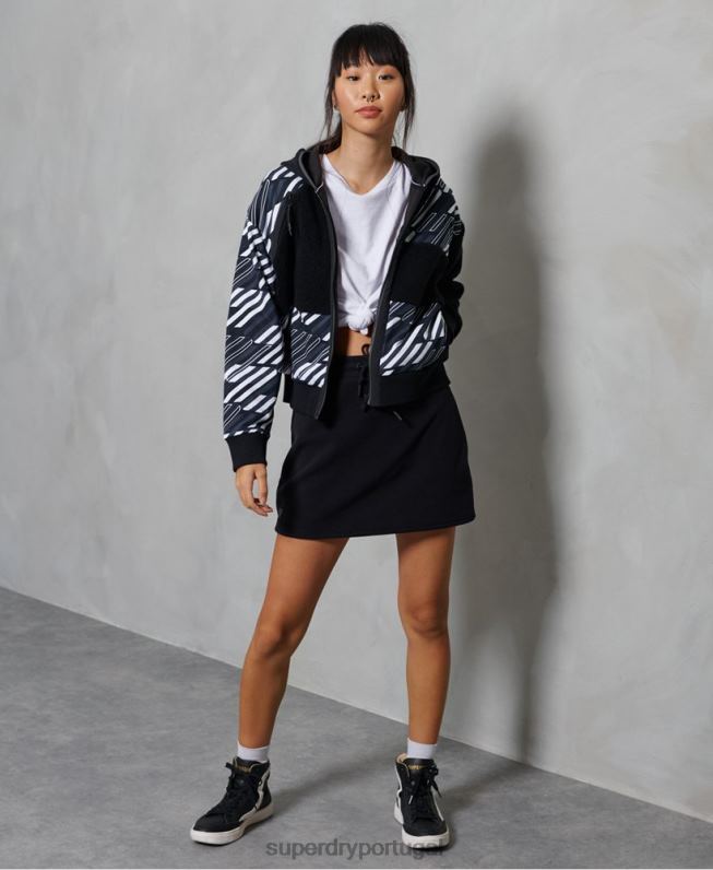 moletom com capuz e zíper canelado estilo esportivo mulheres preto roupas Superdry 2208H6181