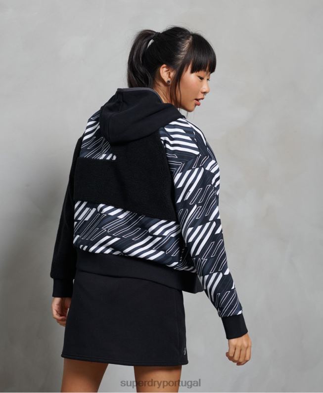 moletom com capuz e zíper canelado estilo esportivo mulheres preto roupas Superdry 2208H6181