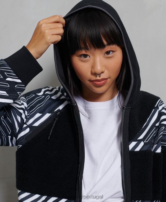 moletom com capuz e zíper canelado estilo esportivo mulheres preto roupas Superdry 2208H6181