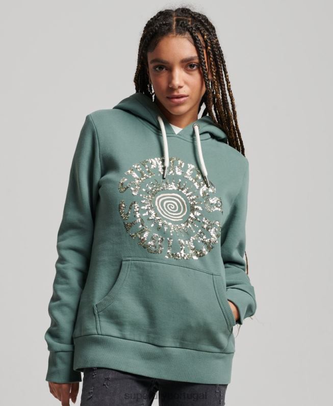 moletom com capuz embelezado mulheres verde roupas Superdry 2208H2298