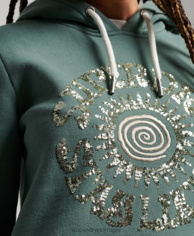 moletom com capuz embelezado mulheres verde roupas Superdry 2208H2298