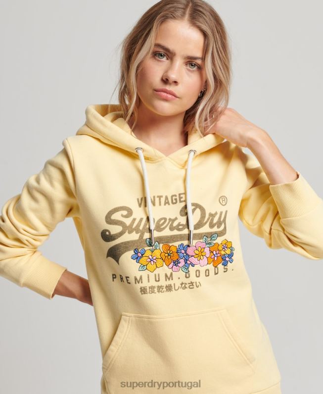 moletom com capuz floral de produtos premium com logo vintage mulheres amarelo roupas Superdry 2208H3271